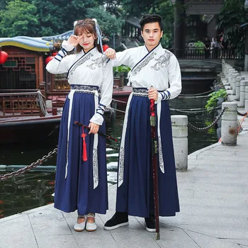 Китайское платье Корейский Hanfu Белые Синие Мужские Женские платья В китайском стиле, Кимоно с вышивкой, традиционная китайская одежда