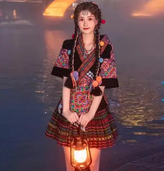 Усовершенствованное платье с вышивкой хмонгов, летний китайский костюм для молодых девушек Мяо, этнический фестиваль