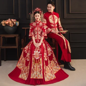 Элегантный воротник-стойка Свадебное платье Ципао Китайская Невеста Изысканная Красная Цветочная вышивка Чонсам