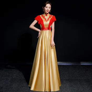 Ретро воротник-стойка, атласное ципао, сексуальная вышивка, аппликация, оборки, китайское женское платье Чонсам трапециевидной формы