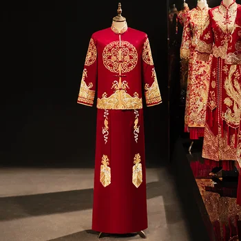 Красное мужское банкетное китайское традиционное свадебное платье с воротником-стойкой и высококачественной вышивкой для жениха китайская одежда