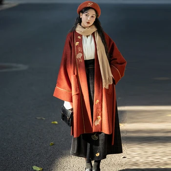 Тематический комплект с кленовым листом в китайском стиле Hanfu, вышивка Династии Сун, Женское зимнее красное шерстяное пальто, Бежевая рубашка, черная юбка в виде спирали, Новинка