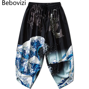 Японские Брюки-кимоно Bebovizi, Винтажные брюки с цветочным принтом, Повседневные брюки с волнистым принтом Harajuku, Женская И мужская традиционная азиатская одежда
