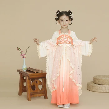 Hanfu с длинным рукавом для девочек, детский костюм феи, Косплей, платья принцессы для народных танцев, Китайский традиционный костюм Тан HFT006