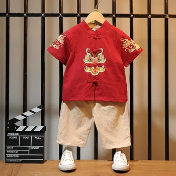Традиционная китайская одежда для мальчиков в стиле Ретро из хлопка и льна, Костюм-двойка в стиле Тан с короткими рукавами, Детский костюм Ханфу в китайском стиле