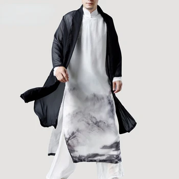 Летняя ветровка в китайском стиле, Мужская тонкая Длинная солнцезащитная одежда средней длины, накидка в древнем стиле, Мужское Свободное черное пальто