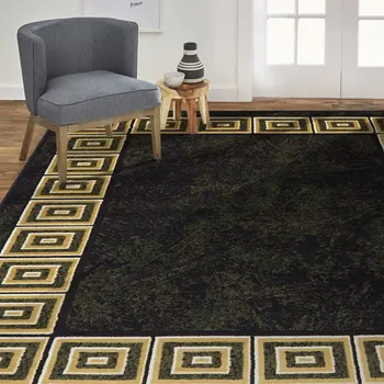 Поразительно элегантный традиционный квадратный коврик с бордюром размером 21 x 35 дюймов черного и бежевого цветов от Eros.