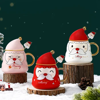 Кружка Санта с крышкой, ложка, рождественская керамическая кофейная чашка, эспрессо, Тазас, вода, послеобеденное чаепитие, домашняя посуда для напитков, подарки