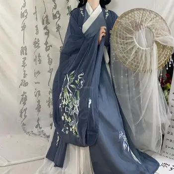 Традиционная одежда династии Цзинь для женщин, весенне-зеленый, синий, изысканная вышивка, винтажные китайские Hanfu с большими рукавами, полные комплекты