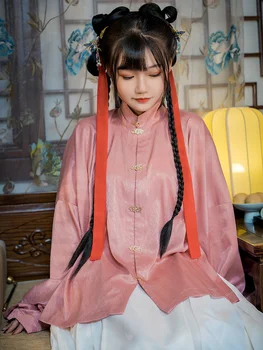 2022 китайская женская короткая рубашка hanfu с вертикальным воротником спереди и темно-зернистым воротником-стойкой времен династии мин с рукавом пипа hanfu темно-зернистого цвета 2022