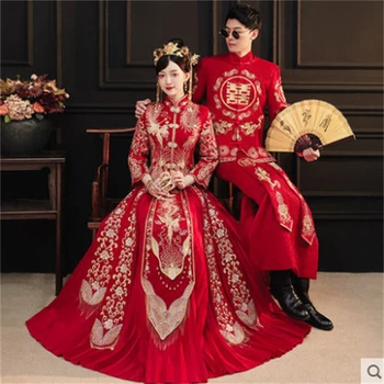 Вышивка Дракон Феникс Китайский Традиционный Свадебный Костюм Для Пары Cheongsam Элегантная Невеста Винтажное Платье Ципао китайская одежда