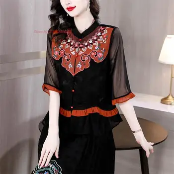 2023 женская блузка hanfu с национальной цветочной вышивкой, этническая блузка в стиле пэчворк, традиционный восточный костюм эпохи тан, блузка с шифоновыми рукавами