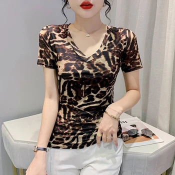 Летняя модная газовая футболка с леопардовым принтом, коротким рукавом и V-образным вырезом, облегающие рубашки для женщин, винтажная одежда, футболка из сетчатой ткани