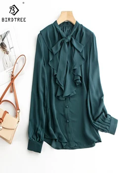 Женская рубашка Birdtree из 100% шелка Тутового дерева, однотонная темно-зеленая блузка с длинным рукавом и галстуком-бабочкой на шее, топ, пуловер для работы в офисе T37950QD
