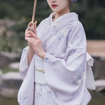 Традиционное Японское Женское Кимоно В Винтажном Стиле Фиолетового Цвета С Цветочным Принтом, Летняя Одежда Для Косплея Юката, Платье Для Фотосессии