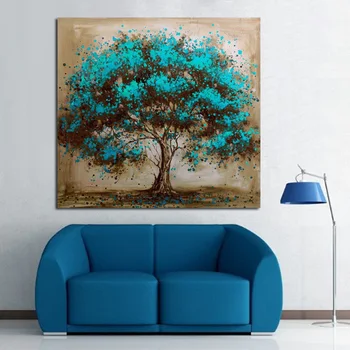 Ручная роспись Современное абстрактное голубое дерево холст художественное оформление масляной живописи настенные панно для гостиной краской