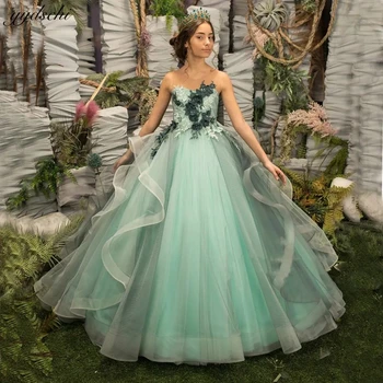Королевские зеленые платья с цветочным узором для девочек на свадьбу, День рождения, Бальное платье с аппликацией в виде 3D цветов на шнуровке, Милая придворная процессия