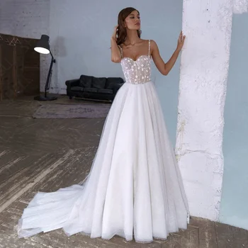 2022 Потрясающее свадебное платье, блестящий тюль, цветочные аппликации, Платье Невесты, Свадебные платья без рукавов трапециевидной формы, Robe De Mariée