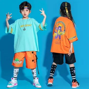 Детский комплект костюмов в стиле хип-хоп, Джазовая футболка с коротким рукавом, Свободные шорты, Одежда для танцев для мальчиков, Летняя уличная одежда с принтом для девочек