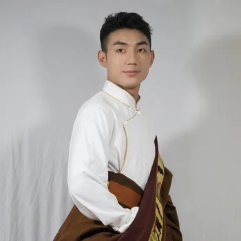 Тибетская одежда для мужчин, хлопковая льняная рубашка, мужской воротник-стойка, длинные рукава, свободные топы в китайском стиле в стиле ретро в тибетском стиле