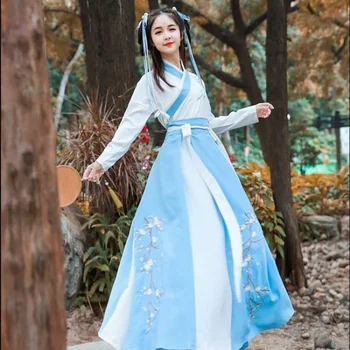 Hanfu Женский воротник с вышивкой крестом, платье для костюма Сливы Hanfu, юбка Феи Hanfu, Китайское традиционное платье