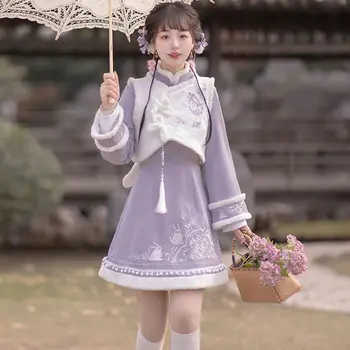 Осень-Зима, Оригинальный Милый жилет-Чонсам с длинными рукавами, расшитый фиолетовым Кроликом, Женское Улучшенное платье в китайском стиле 