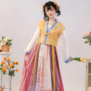 Женский вышитый костюм Hanfu плиссированное платье С цветочным принтом из Фарфора Династии Тан Hanfu Летний Новый костюм для взрослых Одежда для выступлений
