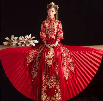 Свадебное платье невесты с воротником-стойкой в стиле ретро в китайском стиле, платье Чонсам с вышивкой красного феникса, одежда для тостов