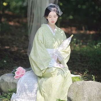 Высококачественное кружевное модифицированное Кимоно Юката с сумочкой и носками, винтажное платье цвета авокадо, впитывающее влагу и дышащее