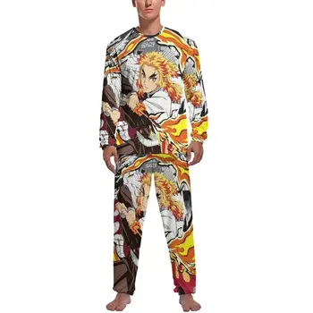 Японская пижама Demon Slayer, Весенний повседневный домашний костюм Rengoku Kyojuro, мужской комплект из 2 предметов, романтический пижамный комплект с длинными рукавами и рисунком