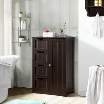 Деревянный Шкаф для хранения в ванной комнате Alden Design с 4 ящиками и буфетом, Эспрессо