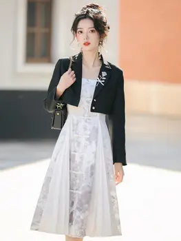 2023, женский костюм hanfu с рисунком тушью в восточном стиле, улучшенная повседневная короткая юбка hanfu element, костюм-двойка, весенне-осеннее платье
