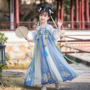 Традиционное китайское платье синего цвета Hanfu для маленьких девочек, Народный костюм эпохи Тан, Одежда для выступлений Фей, Восточное платье для Косплея на сцене, платье для танцев