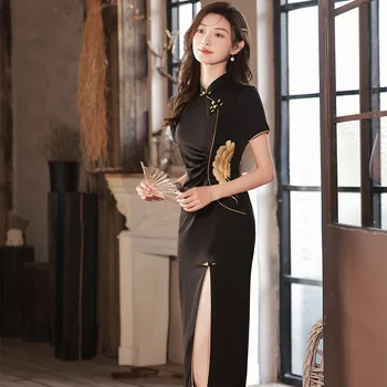 Элегантный Черный атласный халат Qipao для вечеринок, улучшенный Cheongsam, Сексуальные женские платья в китайском стиле с вышивкой цветов, Vestidos