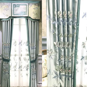 Новый китайский стиль, имитация шелка в китайском стиле, высокоточная гостиная, спальня, вышитый цветок, синяя ткань для штор, пряжа
