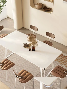 Дизайн обеденного стола из каменной плиты, Чистый белый Прямоугольник, Простой Новый Кремовый стиль, Скандинавский Домашний Обеденный стол для маленькой семьи