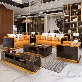 Современная роскошная американская вилла класса люкс с большой гостиной, импортный кожаный диван 123 комбинации