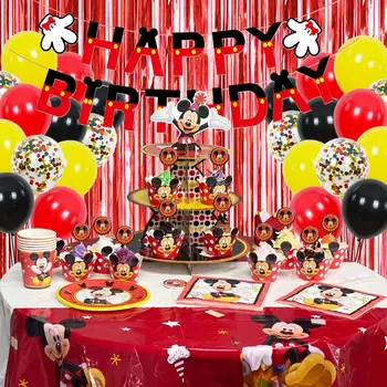 Принадлежности для Вечеринки по случаю Дня рождения Микки Мауса, Баннер, посуда, Скатерть, Воздушные шары, украшения с Микки на 1-й День рождения