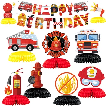 1 комплект для вечеринки в честь Дня рождения пожарного, украшение стола и аксессуары, баннер на тему пожара, Центральные детали в виде сот, Огнетушитель для пожарной машины