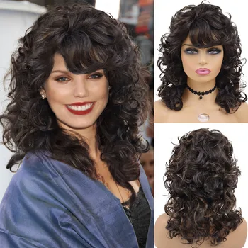 Синтетические парики GNIMEGIL для чернокожих женщин с кудрявой текстурой и челкой с коричневым мелированием Обычный парик Натуральная прическа Пушистые волосы