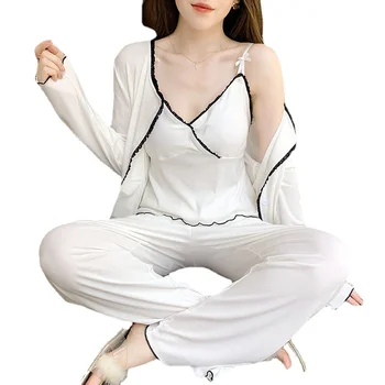 1 сексуальная пижама на подтяжках из трех предметов, женская весенне-осенне-зимняя одежда 2023 года, новая тонкая белая домашняя одежда с подушечками на груди.