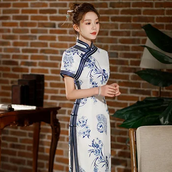 Yourqipao Летнее Длинное Белое платье с принтом Ципао, Элегантное Вечернее свадебное платье в традиционном китайском стиле для женщин