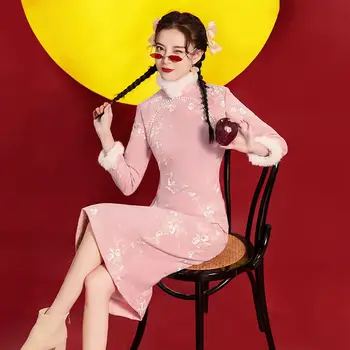 Зимний Чонсам 2022, Новая Розовая Шерстяная Зимняя Одежда для молодых Девушек, Утолщенная Улучшенная Одежда для Новогодних Поздравлений, Китайское Платье Vestidos