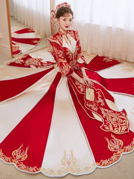 Невеста Красный Горный хрусталь кисточки Чонсам Китайский Стиль Блестки бисероплетение вышивка Свадебное платье для тостов китайская одежда