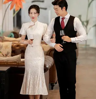 Восточный Чонсам, элегантное китайское праздничное свадебное платье Русалки, Белое летнее Чипао